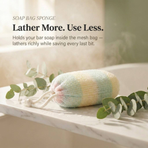 Sac de rangement réutilisable en maille rayée pour éponge de bain, avec cordon de serrage, pour économiser le savon, sac multi-usages pour le lavage du corps, filet moussant pour éponge - Product Image 2