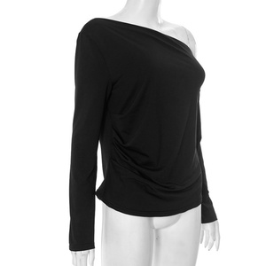 Viviblook C25TP142 Y2K Vintage 2025 otoño nuevo Color sólido Slash Collar hombro suelta manga larga Camiseta Top para mujer - Product Image 3