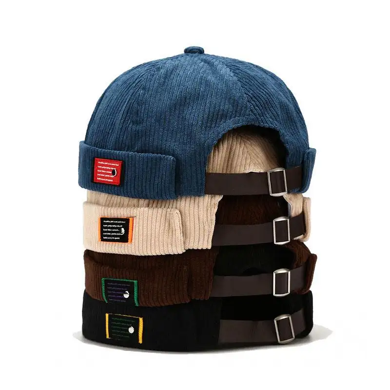 Atacado Bordado LOGOTIPO Custom Brimless Docker Baseball Cap Skullcap Sailor Cap dos homens Rolado Cuff Retro Corduroy Beanie Hat