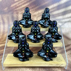 2024 Como vender pedras de cura por atacado cristal natural esculpindo sete chakra yoga mulher obsidiana preta para meditação