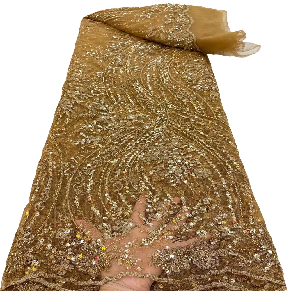Tecido de lantejoulas para vestido de noite, tecido de renda de moda com miçangas de flores de tule, design de malha com glitter, mais vendido
