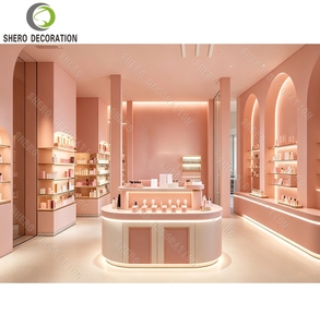 Cosmetics Display <b>Shelves</b> Retail Makeup Chain Store 3D Layout Planning LED Lighted Skincare Wall Showcase Set Design - Product Image 1
