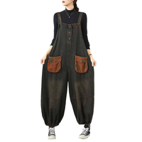 Salopette en jean vintage pour femme, grande taille, coupe ample, jambe large, avec coutures apparentes, vente en gros OEM