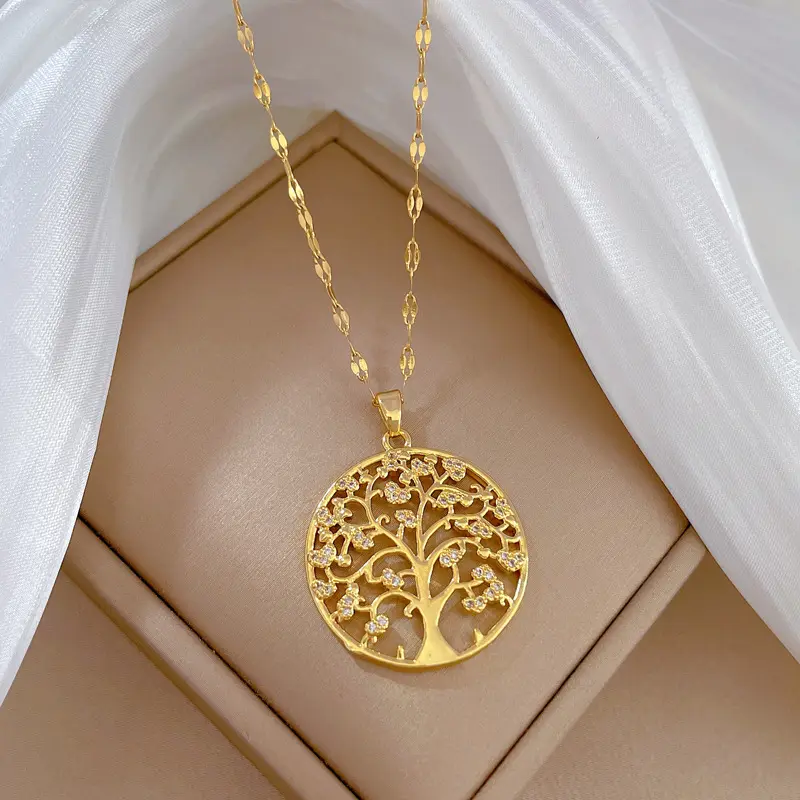 Collier à pendentif arbre circulaire personnalisé pour femmes en acier inoxydable de forme ronde collier en or délicat avec pendentif