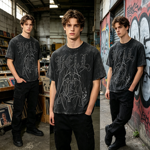 Camiseta Oversize de Hombre Estilo Grunge Urbano con Bordado Gótico de Diablo y Pedrería, Lavado Vintage Negro Personalizado - Product Image 1