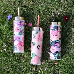 Wholesale 16oz Tumbler Trend Flower Double Wall Acrylic Tea Coffee Skinny Plastic Tumbler Cups In Bulk With Lid And Straw