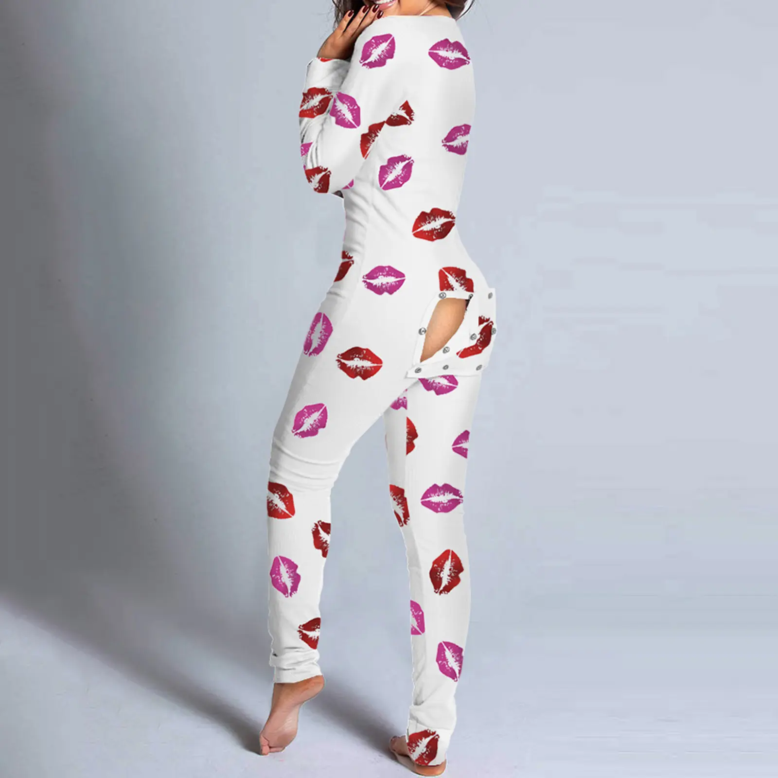 Hoge Kwaliteit Print 3xl Plus Size Jumpsuits Pyjama Herfst Lange Mouw Knop Sluiting Butt Flap Valentijnsdag Pyjama