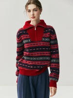 Pull en cachemire et laine élégant pour femme, automne-hiver, col rabattu, fermeture éclair, jacquard, polyvalent