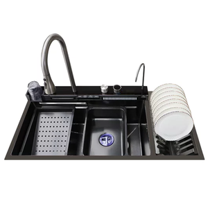 <span class=keywords><strong>Tiktok</strong></span> nueva tendencia grande <span class=keywords><strong>40</strong></span> pulgadas una pieza cascada grifo de acero inoxidable dos cuencos biónico panal negro fregadero de cocina - Product Image 3