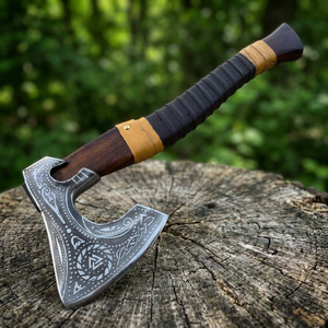 Hacha de doble hoja de acero forjado, estilo tomahawk, mango de madera, decorativa, hecha a mano, estilo vikingo, con grabado intrincado - Product Image 2