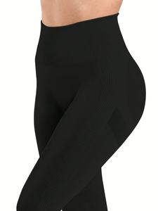 Pantalon de yoga noir long à taille haute et très élastique avec fonction rehausse-fesses, motif uni, sans couture pour le sport et le yoga - Product Image 2