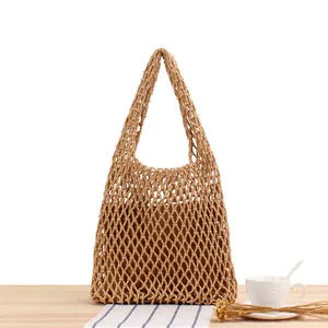 Summer Beach Vacation Handmade Macrame Women Natural Cotton Handbag Customized Hollow Out Portable Net Crochet Shoulder Bag