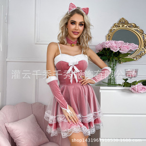 Cross-border sexy lingerie Christmas party set girly bow innocent open crotch bodysuit uniform set - Product Image 4
