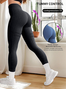 Yoga <b>Leggings</b> High Waist Calf-Length Solid Black Spandex Nylon Enhance Figure Ruched Butt Contrast <b>Stitch</b> Elastic Waist - Product Image 3