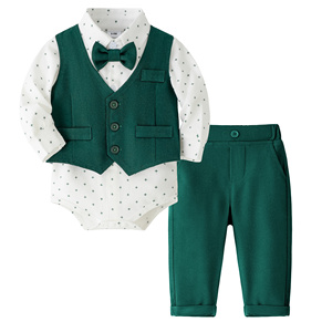 Catpapa – Ensemble 4 pièces pour bébés garçons : Body imprimé croix, gilet, pantalon et nœud papillon – Tenue de baptême ou de cérémonie pour garçon - Product Image 1