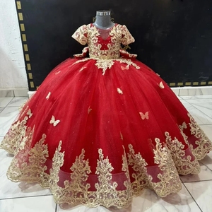 Abiti <span class=keywords><strong>da</strong></span> Damigella Personalizzati Rossi con Applicazioni Dorate e Farfalle, Maniche Corte, Classico <span class=keywords><strong>Vestito</strong></span> <span class=keywords><strong>da</strong></span> Ballo <span class=keywords><strong>per</strong></span> Feste di Compleanno <span class=keywords><strong>per</strong></span> Bambini - Product Image 3