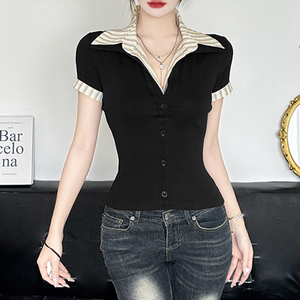 T-shirt décontracté vintage à manches courtes, à col contrasté, simple, ajusté, en tricot écologique, à simple boutonnage - Product Image 4