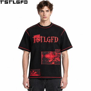 Cut And Sew Red Contrast Stitch <b>T</b> <b>Shirt</b> Men Black Crew Neck Distressed Print Patch <b>Gothic</b> Streetwear Y2K Wholesale Bulk Factory - Product Image 1