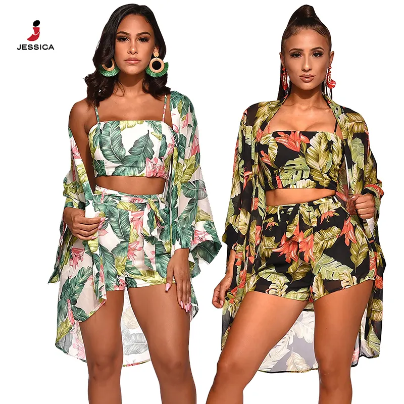 M235-Women 3 parça setleri yeşil tropikal baskılı 3/4 uzunluk kollu seti kadın plaj kıyafeti