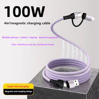 Kabel Magnet USB-C ke Type-C 4-in-1 100W dengan Pengisian Cepat 6A/5A untuk Mobil, Ponsel 16, S24/S23 Ultra, iPad, MacBook