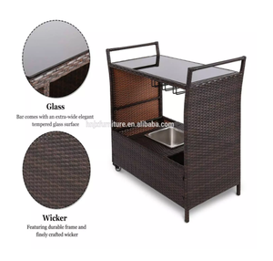 Chariot de bar portable en osier d'extérieur, chariot roulant en rotin pour patio et jardin avec seau à glace et porte-bouteilles - Product Image 2