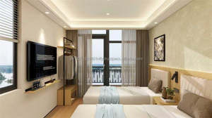 Fabricante de Foshan, Juego de Muebles de Dormitorio Doble Personalizado de Bajo Costo para Proyectos Hoteleros, con Cama de Madera, Armario, Mueble para TV y Mini Cocina - Product Image 4