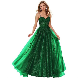 Abiti da ballo in <span class=keywords><strong>tulle</strong></span> scintillante con applicazioni in pizzo, abito lungo a trapezio con spalline sottili, abiti da sera formali con spacco personalizzabili - Product Image 5