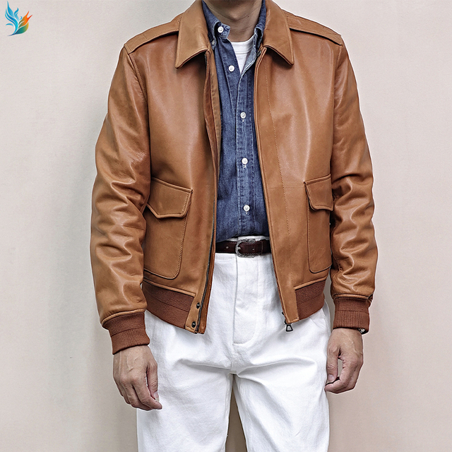 Lapel Collar Rib Hem Aviator Outerwear Men's Vintage Tan Sheepskin Flight Leather Jacket