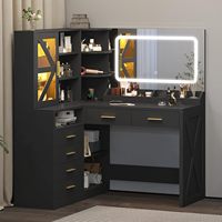 Coiffeuse d'angle noire en L avec miroir LED et étagères ouvertes, bureau de maquillage style ferme avec 6 tiroirs – Vente en gros