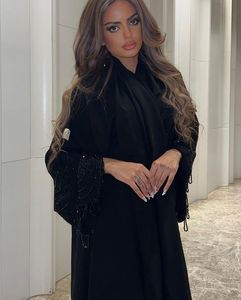 Черная абайя 2026, открытая абайя, к празднику Ид аль-Фитр, ручная работа, с черными бусинами на рукавах, длинное платье для мусульманок, джалабия - Product Image 1