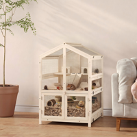 Jaula de madera para hámster, casa para animales pequeños con plataforma de malla de alambre, bandeja extraíble, techo inclinado, multinivel, para mascotas de interior