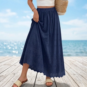 Jupe longue bohème évasée pour femme, taille élastique, broderie florale, en coton et bambou, respirante, longueur cheville, idéale pour l'été - Product Image 4