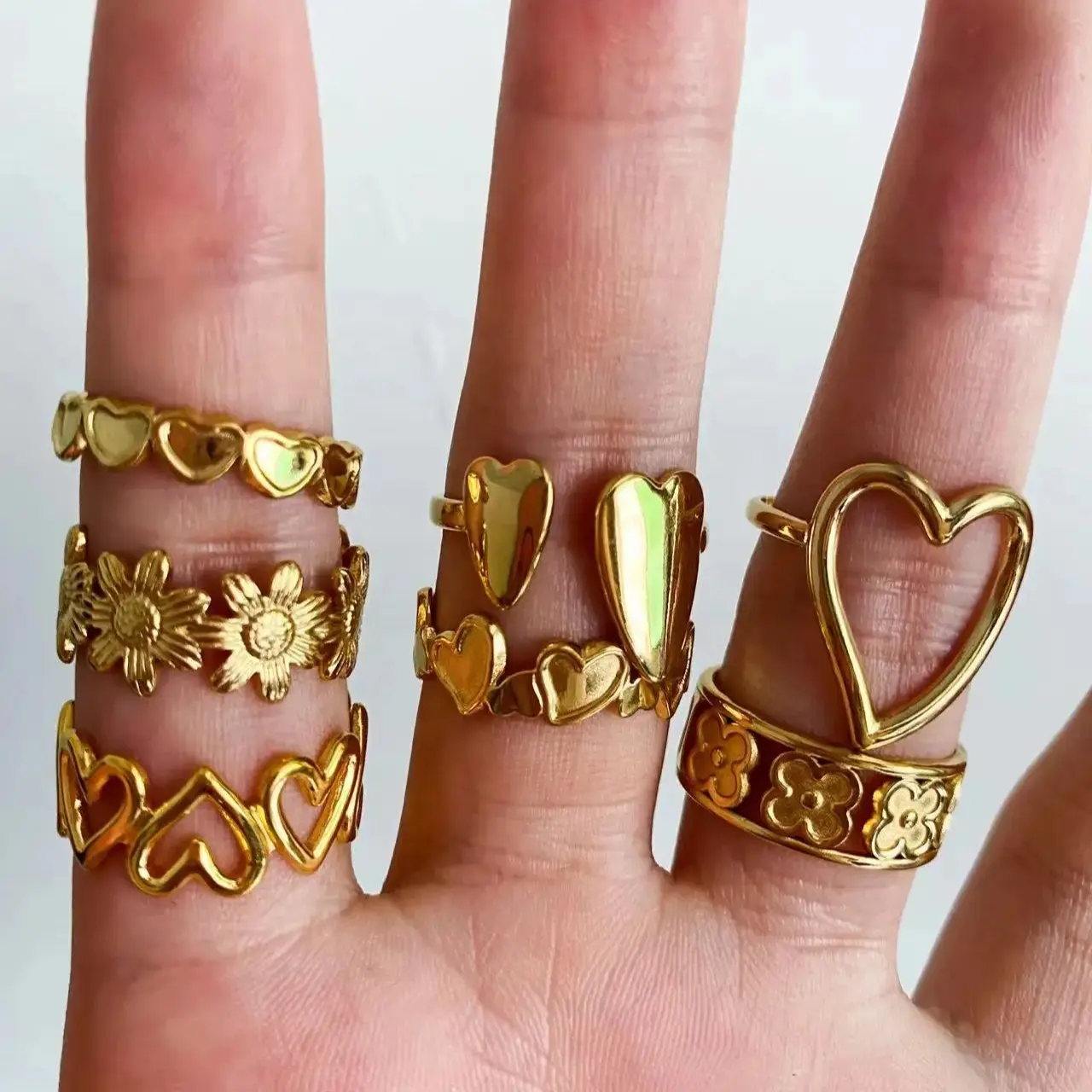 Fashion stainless steel Heart Finger rings wholesale titanium steel jewelry adjustable gold plated heart ring for women