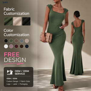 Abito lungo da <span class=keywords><strong>donna</strong></span> in maglia elasticizzata in poliestere verde casual estivo con scollo quadrato, maniche corte, vestibilità aderente, spacco laterale e orlo a sirena - Product Image 1