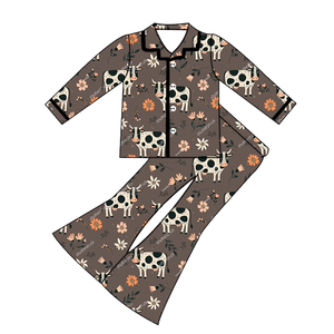 Set di abbigliamento da 95% in 5% di bambù Spandex con stampe Casual di tutti i giorni Top bordato con bottoni e pantaloni a zampa - Product Image 3