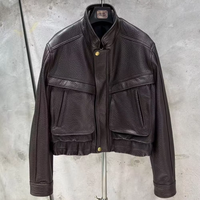 Veste en cuir grainé marron, vestes en cuir d'agneau véritable, vestes bomber courtes pour femmes