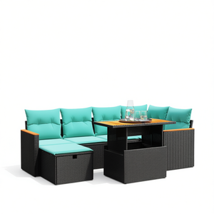 Set di divani da patio in polyrattan nero con cuscini, eleganti mobili da esterno, 7 pezzi - Product Image 1