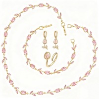 Parure Fleur de Tulipe Dorée Vive Bloom : Collier, Bracelet, Boucles d'Oreilles et Bague avec Zircon Cubique Taille Ovale, Feuille Marquise – Cadeau Coloré pour Femme