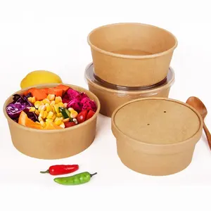 100% Eco Friendly Disposable Kraft Paper Salad Bowl With Paper Lid