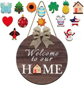 Welcome Sign for Front Door Wood Gnome Door Hanger Seasonal Welcome Sign with Interchangeable Holiday Pieces Eight Accessories