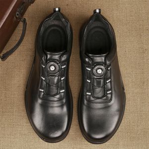 Chaussures décontractées pour hommes en cuir véritable noir, bout rond, semelle en caoutchouc, fermeture à bouton, antidérapantes, toutes saisons - Product Image 3