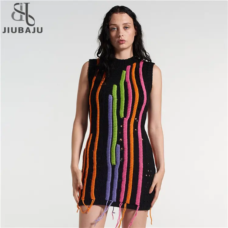 Women Sleeveless Slim Fit Bodycon Colorful Striped Tassel Splicing Female Sweater Y2k Style Women Knitting Mini Dresses