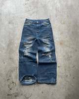 Streetwear Jeans en Denim Lavé Vintage de Haute Qualité, Logo Personnalisé, Ample, Bleu, Fortement Détruit, Jambes Larges pour Hommes