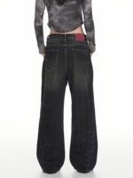 Jean en denim pour homme et femme, coupe droite ample, micro-culotte large, taille mi-haute, style streetwear, motif uni, collection automne-hiver