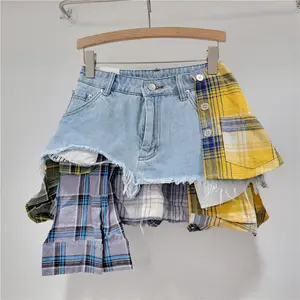 Оптовая продажа, 2024 весенне-летние новые клетчатые укороченные женские джинсовые юбки с завышенной талией, Асимметричные короткие джинсовые юбки