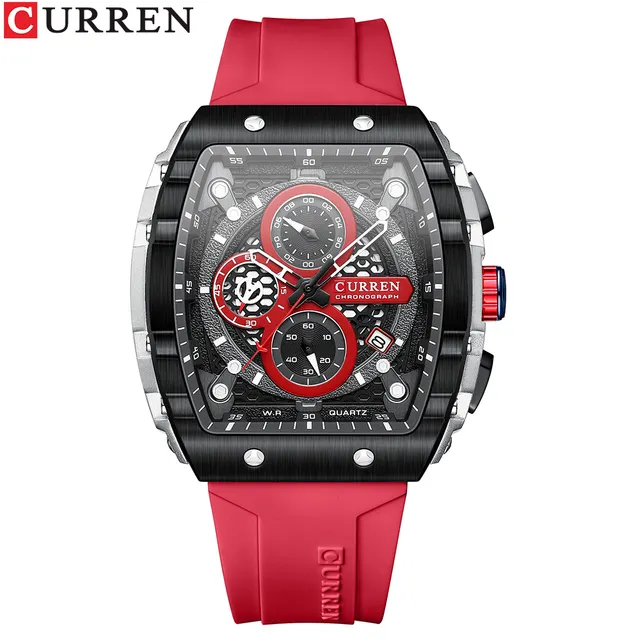 CURREN 8442 moda spor saatler büyük arama benzersiz kare içi boş tasarım kuvars saatı Chronograph otomatik tarih