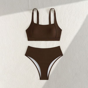 Women Brown Ribbed Bikini <b>Set</b> <b>Square</b> Neck High Waist 2 Piece Swimwear Stretch Knitted Beachwear - Product Image 6