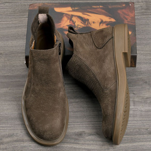 Mid-Calf Chukka Boot Men Genuine Leather <b>Round</b> <b>Toe</b> Flat <b>Heel</b> Anti-Slippery Rubber Outsole Solid Style Comfortable Fit - Product Image 3