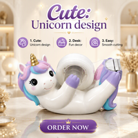 Distributeur de ruban adhésif licorne en polyrésine avec logo personnalisé, coupe-ruban en résine motif animal de dessin animé mignon pour la décoration de bureau des enfants et la papeterie.