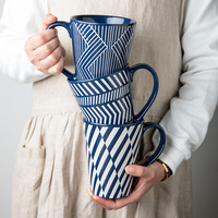 Tasse en céramique bleue profonde créative de 500ml en relief grande capacité tasse filaire domestique pour lait et café pour les fêtes